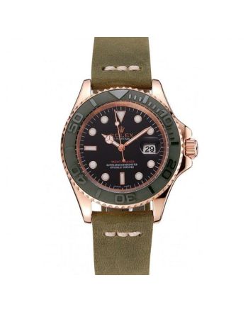 Rolex Yacht-Master Black Dial Green Bezel Rose Gold Case Green Leather Bracelet 1453862